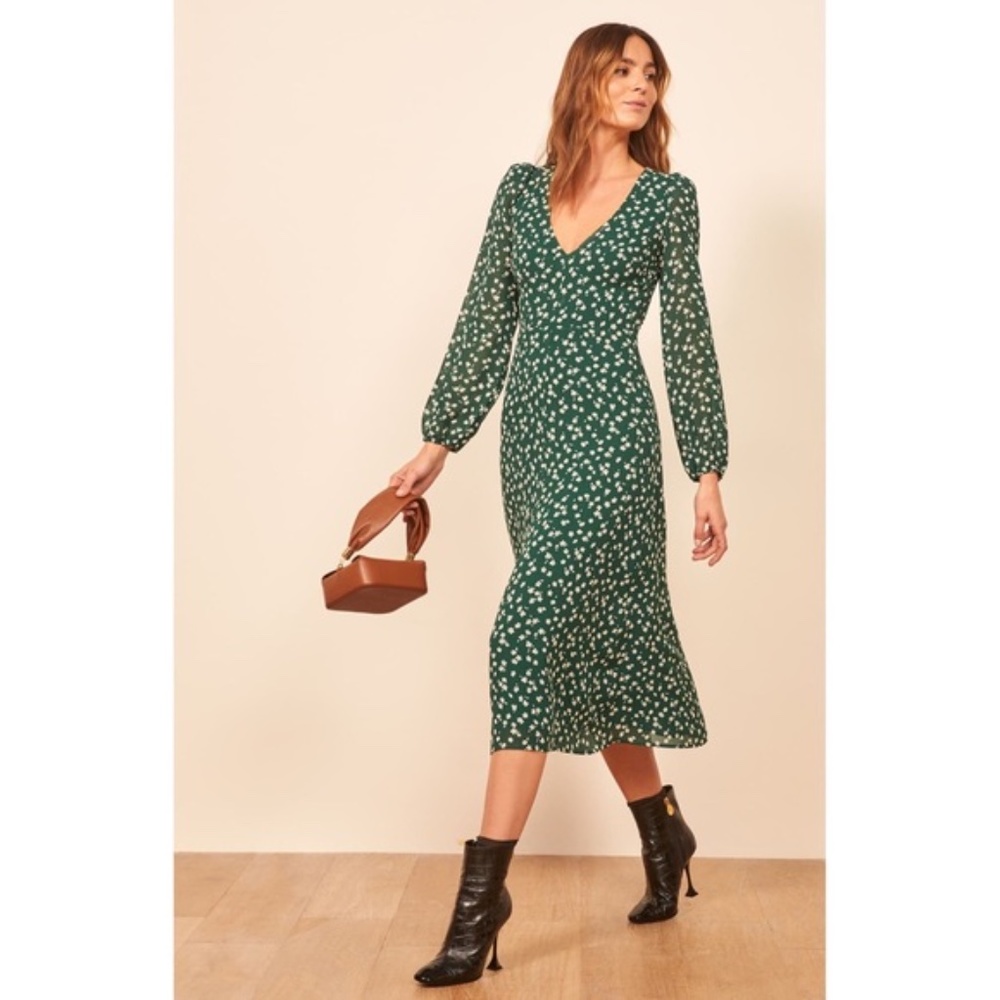 Reformation Women's Joy Dress Green Floral Long Sleeve Midi Size 0